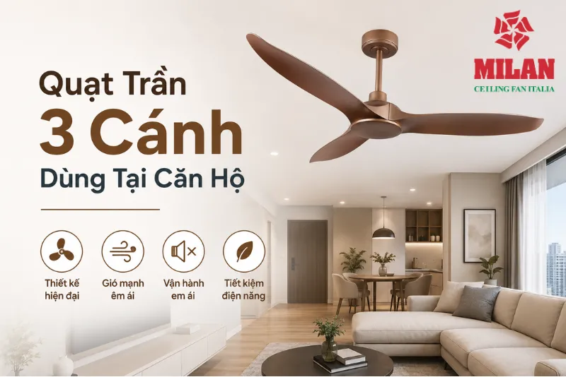 quạt trần 3 cánh dùng tại căn hộ, chung cư